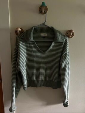Striped Green Collared V-Neck Sweater - Women's